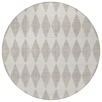 8' Beige Round Geometric Washable Indoor Outdoor Area Rug