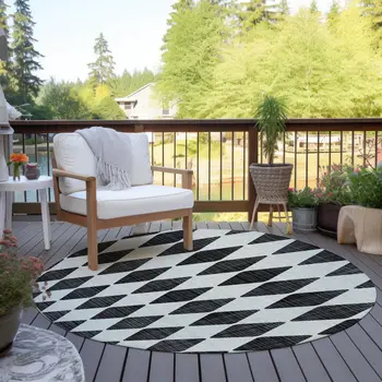 8' Black Round Geometric Washable Indoor Outdoor Area Rug