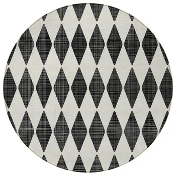 8' Black Round Geometric Washable Indoor Outdoor Area Rug