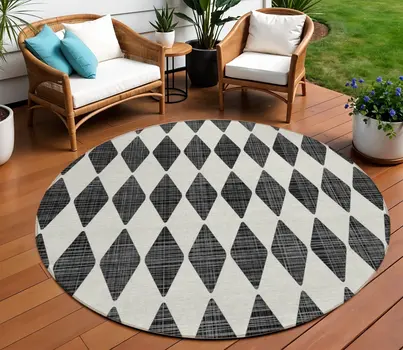 8' Black Round Geometric Washable Indoor Outdoor Area Rug