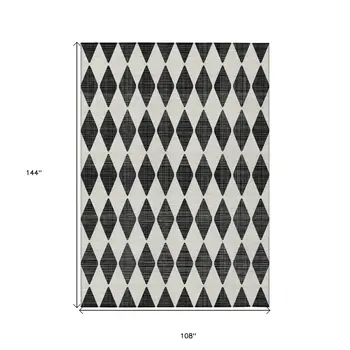 9' X 12' Black Geometric Washable Indoor Outdoor Area Rug