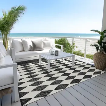 10' X 14' Black Geometric Washable Indoor Outdoor Area Rug