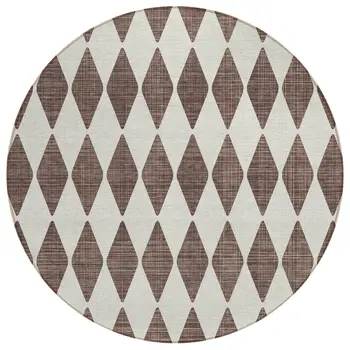 8' Brown Round Geometric Washable Indoor Outdoor Area Rug