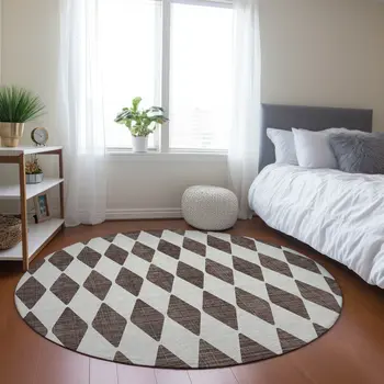 8' Brown Round Geometric Washable Indoor Outdoor Area Rug