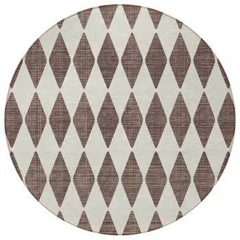 8' Brown Round Geometric Washable Indoor Outdoor Area Rug