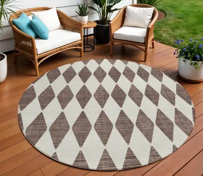 8' Brown Round Geometric Washable Indoor Outdoor Area Rug