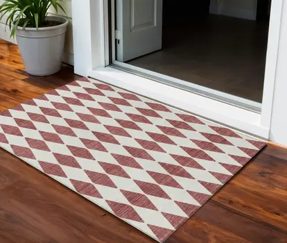 3' X 5' Burgundy Geometric Washable Indoor Outdoor Area Rug