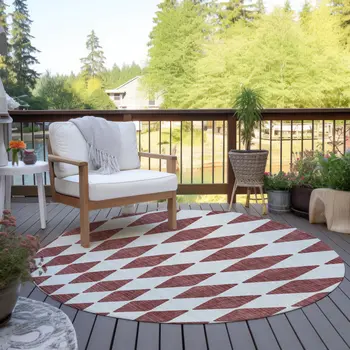 8' Burgundy Round Geometric Washable Indoor Outdoor Area Rug