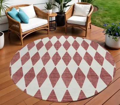 8' Burgundy Round Geometric Washable Indoor Outdoor Area Rug