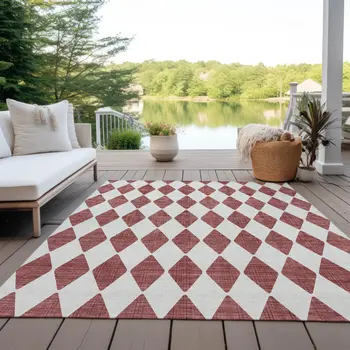 9' X 12' Burgundy Geometric Washable Indoor Outdoor Area Rug