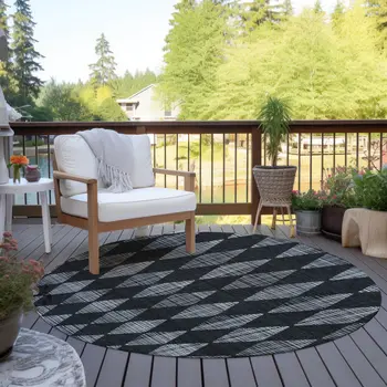 8' Charcoal Round Geometric Washable Indoor Outdoor Area Rug