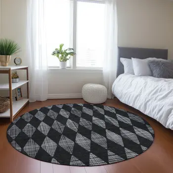 8' Charcoal Round Geometric Washable Indoor Outdoor Area Rug