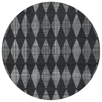 8' Charcoal Round Geometric Washable Indoor Outdoor Area Rug