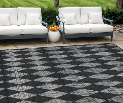 9' X 12' Charcoal Geometric Washable Indoor Outdoor Area Rug