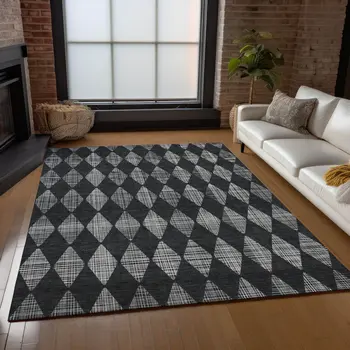 9' X 12' Charcoal Geometric Washable Indoor Outdoor Area Rug