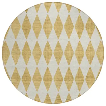 8' Gold Round Geometric Washable Indoor Outdoor Area Rug