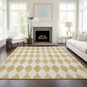 8' X 10' Gold Geometric Washable Indoor Outdoor Area Rug