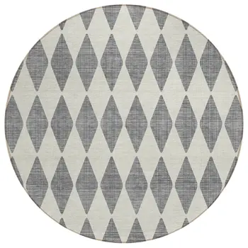 8' Gray And Ivory Round Geometric Washable Indoor Outdoor Area Rug