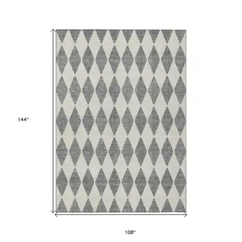 9' X 12' Gray And Ivory Geometric Washable Indoor Outdoor Area Rug