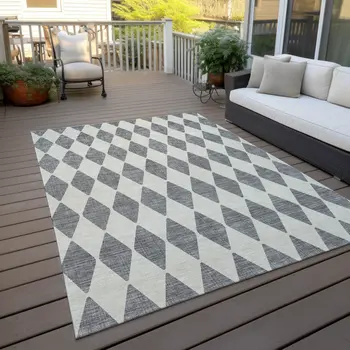 9' X 12' Gray And Ivory Geometric Washable Indoor Outdoor Area Rug