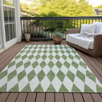3' X 5' Green And Ivory Geometric Washable Indoor Outdoor Area Rug