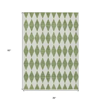 3' X 5' Green And Ivory Geometric Washable Indoor Outdoor Area Rug