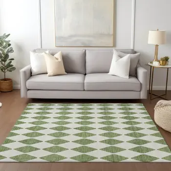 3' X 5' Green And Ivory Geometric Washable Indoor Outdoor Area Rug
