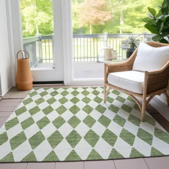 3' X 5' Green And Ivory Geometric Washable Indoor Outdoor Area Rug