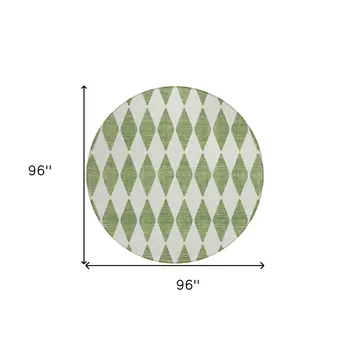 8' Green And Ivory Round Geometric Washable Indoor Outdoor Area Rug