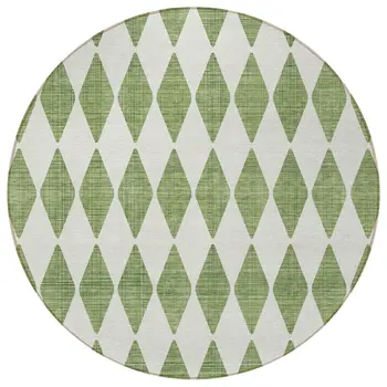 8' Green And Ivory Round Geometric Washable Indoor Outdoor Area Rug