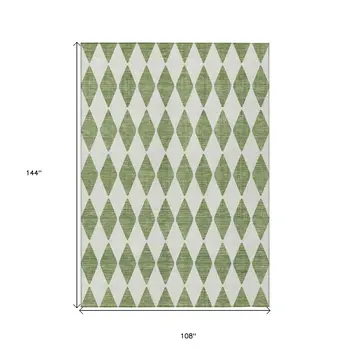 9' X 12' Green And Ivory Geometric Washable Indoor Outdoor Area Rug