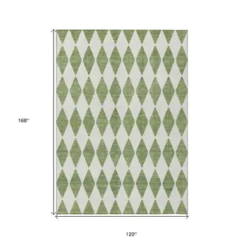 10' X 14' Green And Ivory Geometric Washable Indoor Outdoor Area Rug