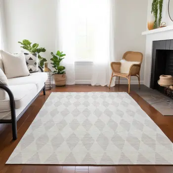 3' X 5' Ivory And Beige Geometric Washable Indoor Outdoor Area Rug