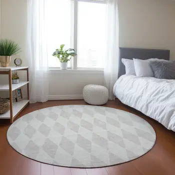 8' Ivory And Beige Round Geometric Washable Indoor Outdoor Area Rug