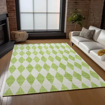 3' X 5' Lime Green And Ivory Geometric Washable Indoor Outdoor Area Rug