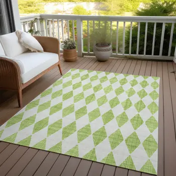 5' X 8' Lime Green And Ivory Geometric Washable Indoor Outdoor Area Rug