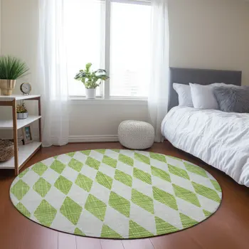 8' Lime Green And Ivory Round Geometric Washable Indoor Outdoor Area Rug