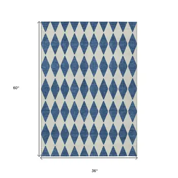 3' X 5' Navy Blue And Ivory Geometric Washable Indoor Outdoor Area Rug