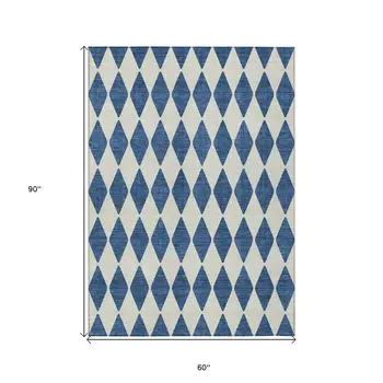 5' X 8' Navy Blue And Ivory Geometric Washable Indoor Outdoor Area Rug