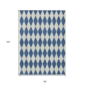 8' X 10' Navy Blue And Ivory Geometric Washable Indoor Outdoor Area Rug
