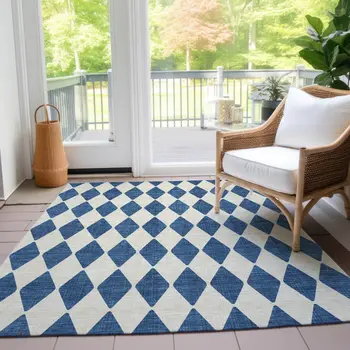 8' X 10' Navy Blue And Ivory Geometric Washable Indoor Outdoor Area Rug
