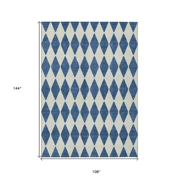 9' X 12' Navy Blue And Ivory Geometric Washable Indoor Outdoor Area Rug