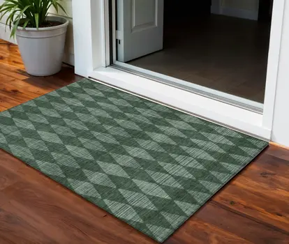 3' X 5' Olive Green And Charcoal Geometric Washable Indoor Outdoor Area Rug