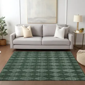 8' X 10' Olive Green And Charcoal Geometric Washable Indoor Outdoor Area Rug