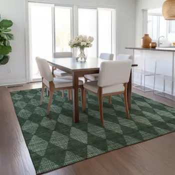 8' X 10' Olive Green And Charcoal Geometric Washable Indoor Outdoor Area Rug