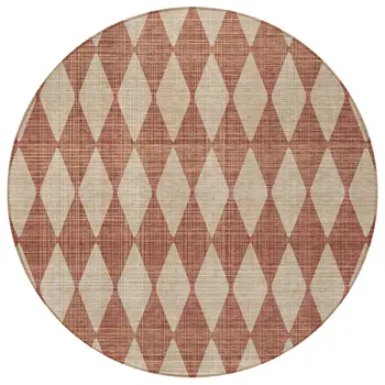 8' Orange And Copper Round Geometric Washable Indoor Outdoor Area Rug