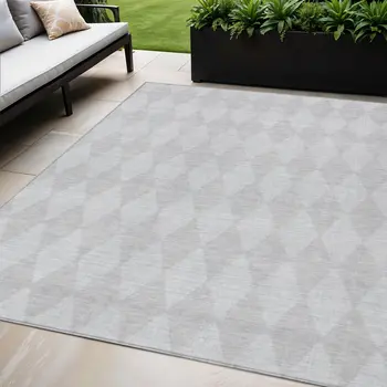 5' X 8' Pewter And Silver Geometric Washable Indoor Outdoor Area Rug