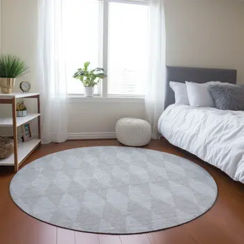 8' Pewter And Silver Round Geometric Washable Indoor Outdoor Area Rug