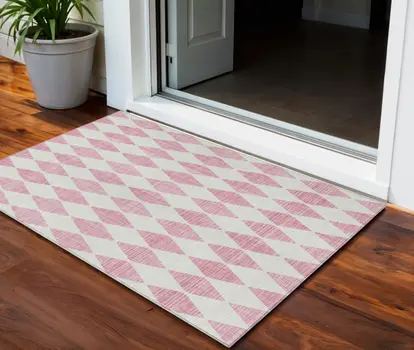 3' X 5' Pink And Ivory Geometric Washable Indoor Outdoor Area Rug