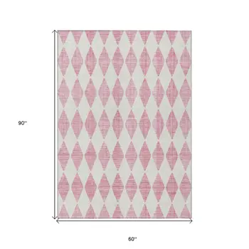 5' X 8' Pink And Ivory Geometric Washable Indoor Outdoor Area Rug